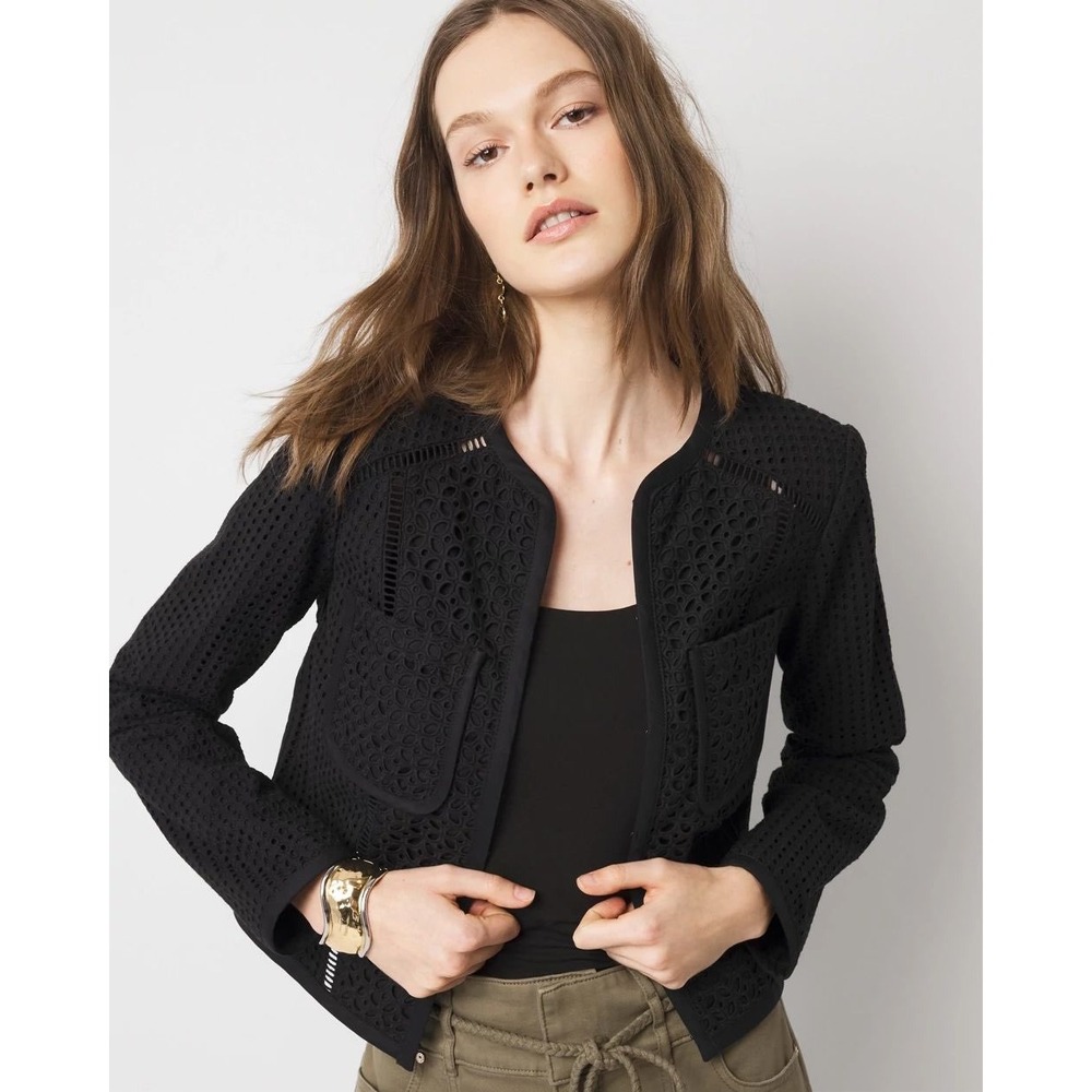 White House Black Market Black Eyelet Cropped Jacket Blazer Size 2